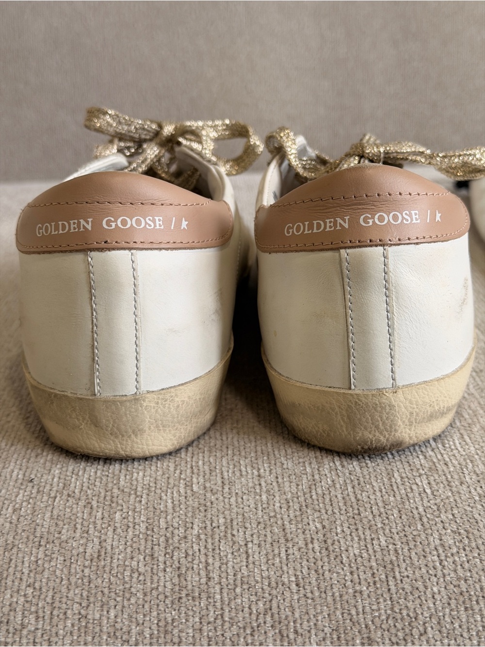 Golden Goose White Leather Sneakers with Gold Braided Laces and Blush Heel - Picture 5 of 9